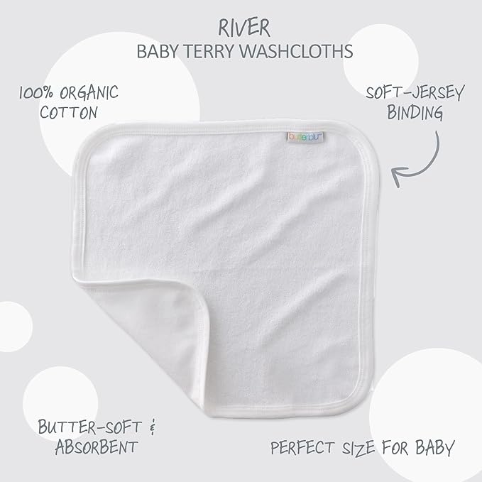 River 10-Pack Baby Terry Washcloths 100% Organic Cotton Absorbent for Baby and Toddler Boys & Girls, White, One Size
