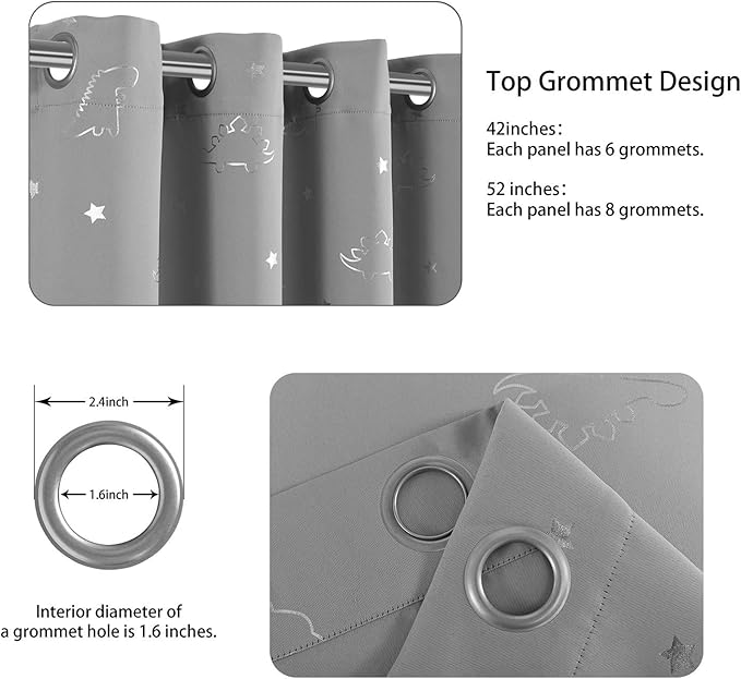 LORDTEX Dinosaur and Star Foil Print Blackout Curtains for Kids Room - Thermal Insulated Curtains Noise Reducing Window Drapes for Boys and Girls Bedroom, 52 x 45 Inch, Light Grey, Set of 2 Panels