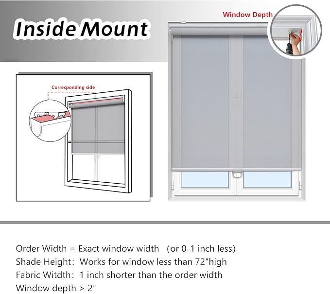 AOSKY Cordless Roller Shades for Windows Light Filtering Shades with 5% Openness Solar Screen Semi Sheer Roller Blinds UV Protection for Office and Home. Easy to Install 25" W x 72" H (Grey)