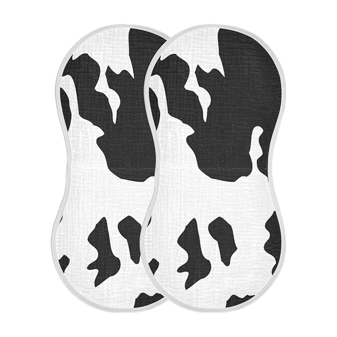 WELLDAY Muslin Baby Burp Cloths Set of 4, Soft Absorbent Animal Cow Print Muslin Washcloths, Bibs, Face Towel for Newborn Boys Girls, 22 x 11 Inch