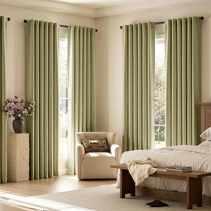 jinchan Chenille Blackout Curtains 96 Inches Long 2 Panels Sage Green Thermal Insulated Curtains for Living Room Bedroom Back Tab Window Curtains Triple Weave Noise Reducing Drapes 50x96 Inch