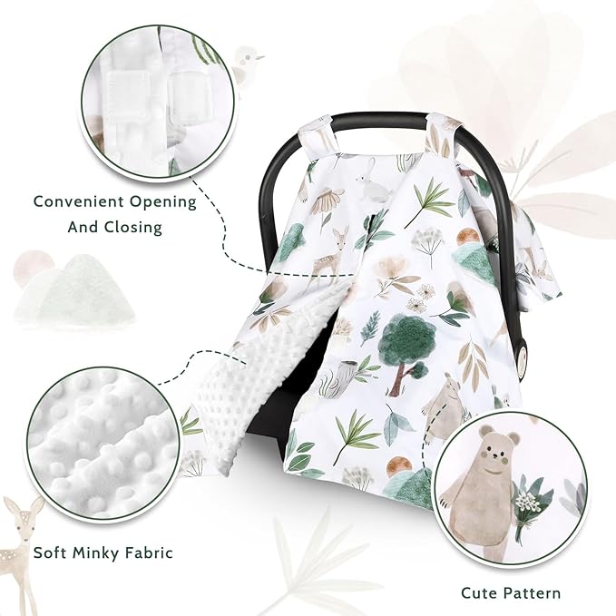 Minky Car Seat Cover for Baby Girl & Boys, Car Seat Canopy with Peep Window, Multiuse Carseat Covers Protecting Baby from Wind, Sun, Strangers, Woodland Animal