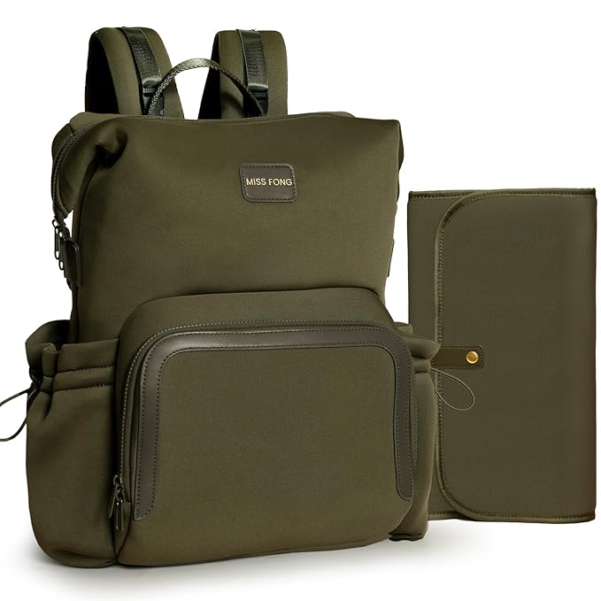 miss fong Diaper Bag Backpack - Baby Diaper Bag Neoprene Bag Large Capacity Neoprene Backpack with Diaper Changing Pad with 12 Pockets Pañaleras Para Bebe Baby Bag for Mom & Dad -Green