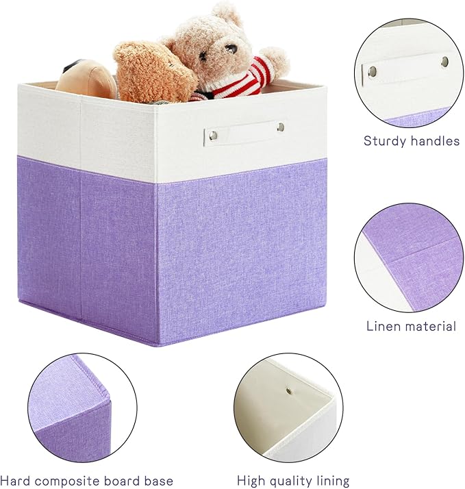 13 x 13 Inch Fine Linen Storage Bins with Handles，Fabric Cube Boxs，Basket Organizers for Shelves for Home, Closet Drawers (White/Purple-6 Pack)