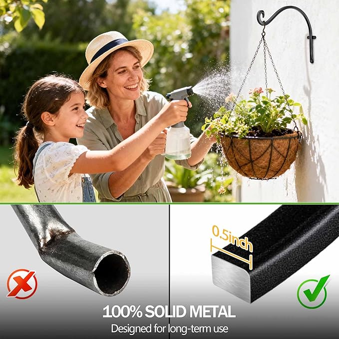 Hanging Plant Brackets Outdoor: 50 lbs Heavy Duty Metal Wall Hooks, 12 Inch Rustproof Hanging Plant Hangers for Bird Feeders, Lanterns, Balcony Fence, 2 Pack
