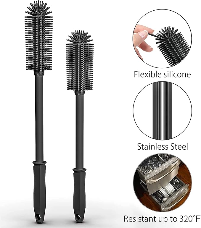 SUPPHOUS Long Silicone Bottle Cleaning Brush | 2 Pack| 16”+13”Water Bottle Brush Cleaner Brush for Hydro Flask,Glassware,Vacuum Sports Bottle&Vases,Silicone Water Bottle Cleaner Brush for Narrow Neck