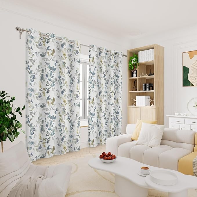 Renaiss Botanical Herbs Blackout Curtains, Vintage Eucalyptus Leaf Thermal Insulated Bedroom Window Curtains, Classical Gray Plants Window Drapes for Living Room, 96" L x 42" W 2 Panel Set