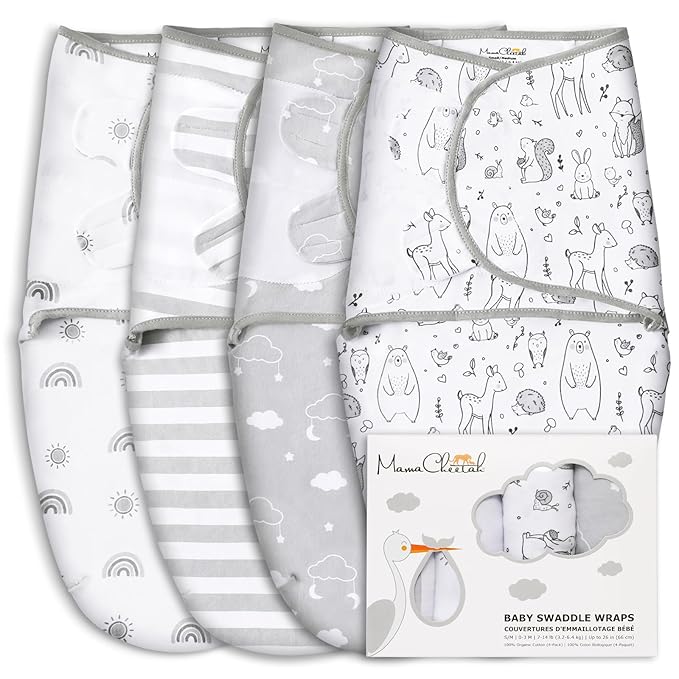 Mama Cheetah Baby Swaddle Sack 3-6 Month, Organic Cotton Swaddling Sleep Sack, Infant Swaddle Blanket, Large Swaddle Wrap, Easy Swaddles for Boy Girl, 4-Pack