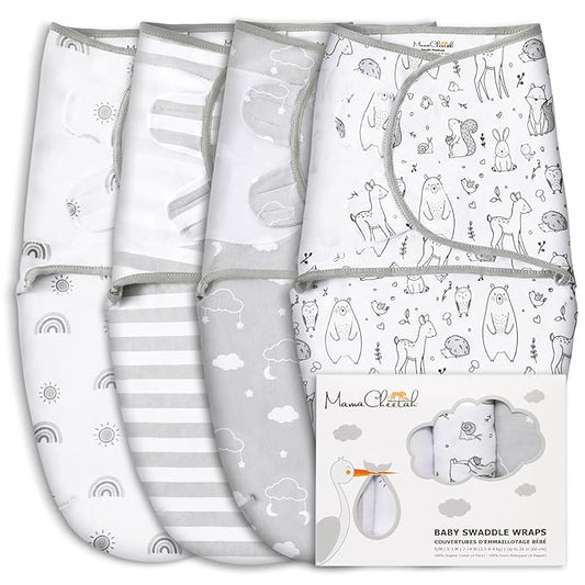 Mama Cheetah Preemie Swaddle Sack, Organic Swaddling Sleep Sacks for Preemies, Preemie Swaddle Blanket Wrap, Easy Swaddles for Premature Baby Boy Girl 4-7 lbs, Newborn Essentials, 4-Pack, Grey