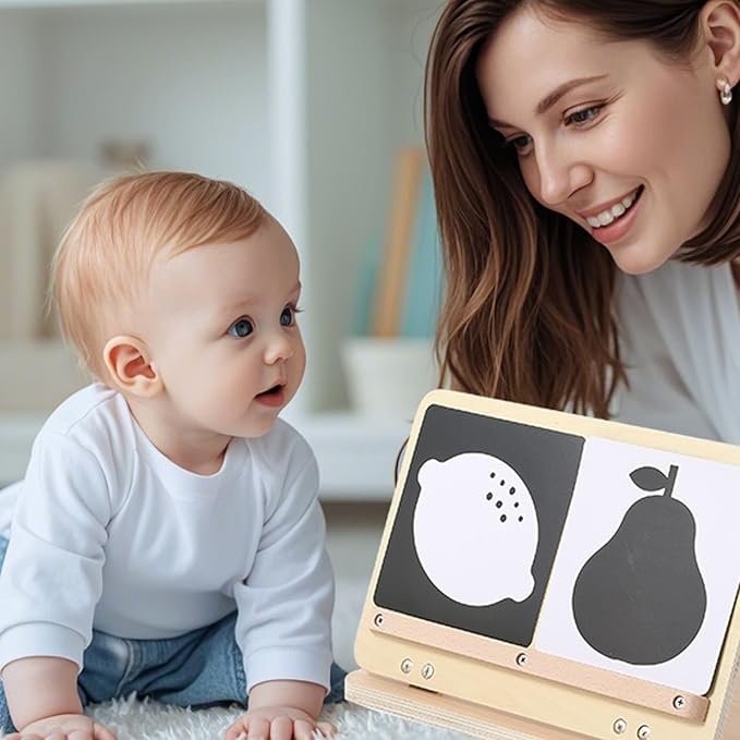Tummy Time Play Set Adjustable Angle, Double-Sided Design, Montessori Tummy Time Toys Large Baby Safe Mirror and Card Display Stand with Black and White High Contrast Baby Cards