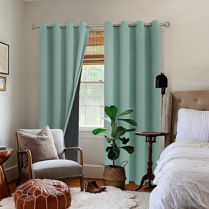 BGment Thermal Insulated 100% Blackout Curtains for Bedroom with Black Liner, Double Layer Full Room Darkening Noise Reducing Grommet Curtain (52 x 90 Inch, Frosty Green, 2 Panels)