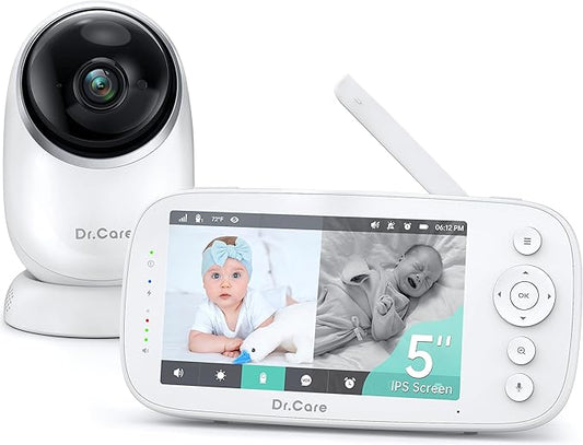 Dr.Care NovaView Video Baby Monitor - 5" 1080P Split Screen Display, 5000mAh Battery, Clear Night Vision, Real-Time/VOX, 2X/4X Zoom, 1000ft Range, 2-Way Audio, Pan & Tilt, No WiFi Baby Camera