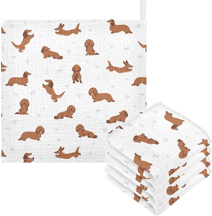vvfelixl Baby Cotton Washcloths Dachshund Long Haired Infants Bath Towel for Unisex Face Towels for Newborn, Natural Baby Wipes Delicate Skin, 11.8 X 11.8 inch, one sizex5