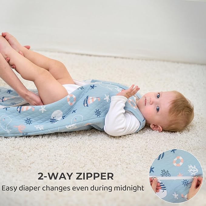FIEMOL Baby Sleep Sack 12-18 Months 2.5 TOG, Winter Cotton Sleepsack for Toddler, Warm Quilted Baby Wearable Blanket, Baby Sleeping Bag with 2-Way Zipper Blue Sea