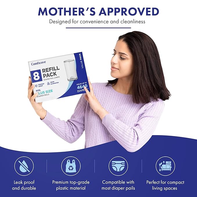 Comficove Refills Compatible with DEKOR PLUS Diaper Pails | 8 Pack | Extra Thick Diaper Pail Refill Liners | Fresh Scent | Easy to Replace and Dispose of Diaper Bag | Odorless Baby Diapers Disposal