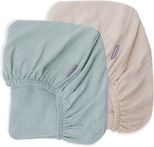 2 Pack Muslin Crib Sheets for Boys Girls Rutiwa Baby Sheets for Crib 100% Cotton Soft Breathable Sheets Neutral Fit Standard Crib & Toddler Bed Mattress 28"x52"(Harbor Gray/Beige)