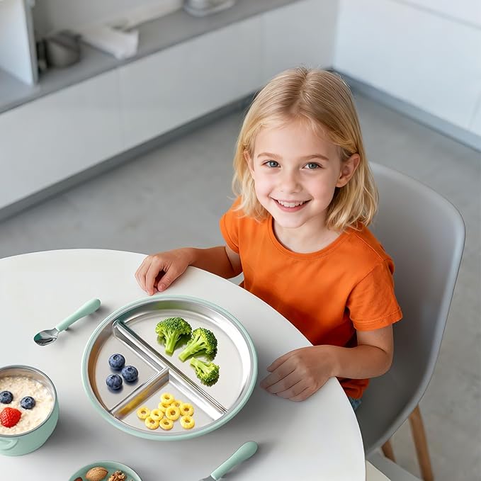Bakpoco Stainless Steel Toddler Plate with Suction 2Pack, 9” Divided Kids Plates with Silicone Suction for Baby Self Feeding, Non Toxic Non Slip Unbreakable Snack Dishes Dinnerware Set, Blue & Sage