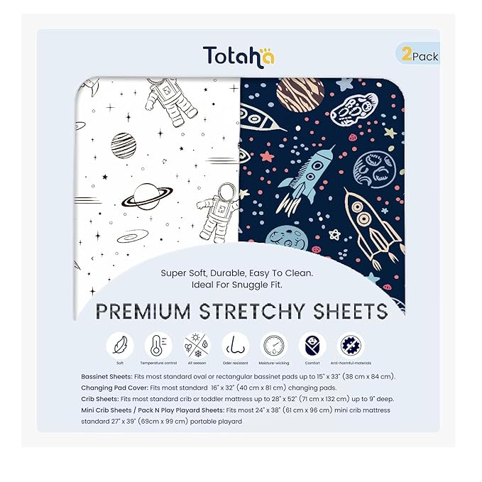 TotAha Premium Soft Space Pack n Play Sheets, Super Stretchy Jersey Knit Mini Crib Sheets Fitted, Silky Comfort Graco Pack and Play Mattress Sheets, 2 Pack