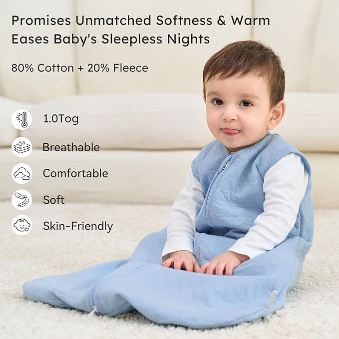 Unnivoll Baby Sleep Sack 18-24 Months 1.0 Tog Baby Wearable Blanket Cotton Sleeping Sack Quilted Baby Sleep Bag with 2-Way Zipper for Toddler Infant Blue
