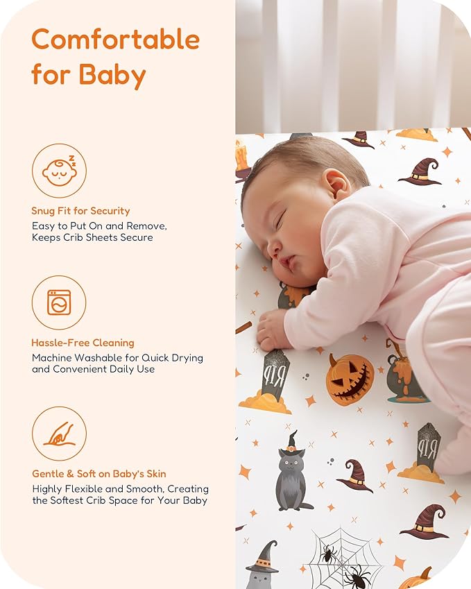 Halloween Pack and Play Sheets Fitted, Mini Crib Sheets 2-Pack for Pack N Play Mattress, Pink, Pumpkin, Black Cat