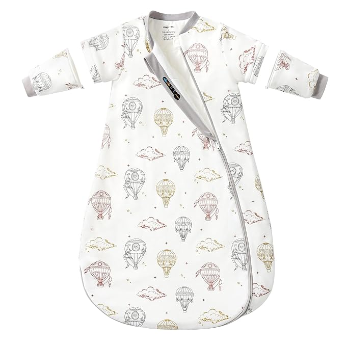 Baby Sleep Sack 6–12 Months, 2.5 TOG Warm Cotton Sleep Sack with Detachable Long Sleeves, Winter Wearable Blanket for Cold Nights, 2-Way Zipper Toddler Sleeping Sack, Hot Air Balloon