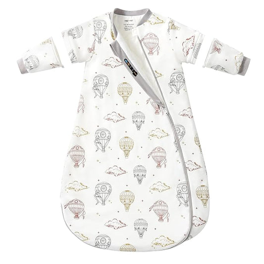 Baby Sleep Sack 6–12 Months, 2.5 TOG Warm Cotton Sleep Sack with Detachable Long Sleeves, Winter Wearable Blanket for Cold Nights, 2-Way Zipper Toddler Sleeping Sack, Hot Air Balloon
