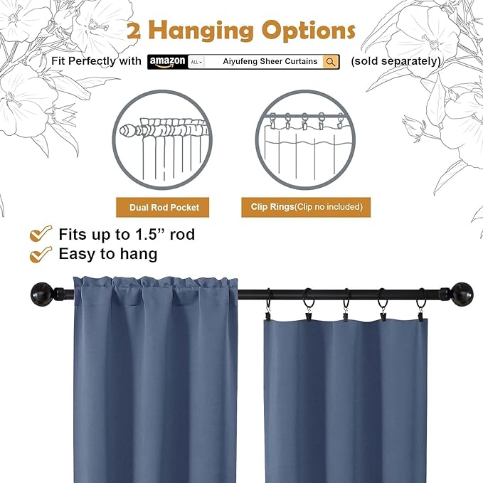 Aiyufeng Denim Blue Short Blackout Curtains for Bedroom 54 Inches Long 2 Panels Set, Solid Thermal Insulated, Energy Saving Window Treatment Curtains Blackout Drapes, W40 x L54 Inch, Denim Blue