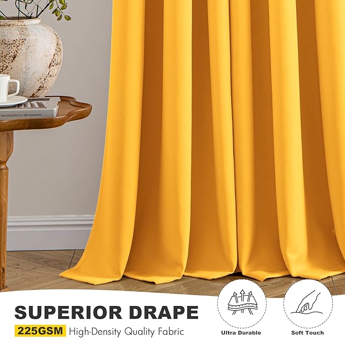 MIULEE Yellow Blackout Curtains for Bedroom Living Room 63 Inches Long 2 Panels, Thermal Insulated Room Darkening Drapes Solid Grommet Noise Reduction Light Blocking Window Treatments 40x63 Inch