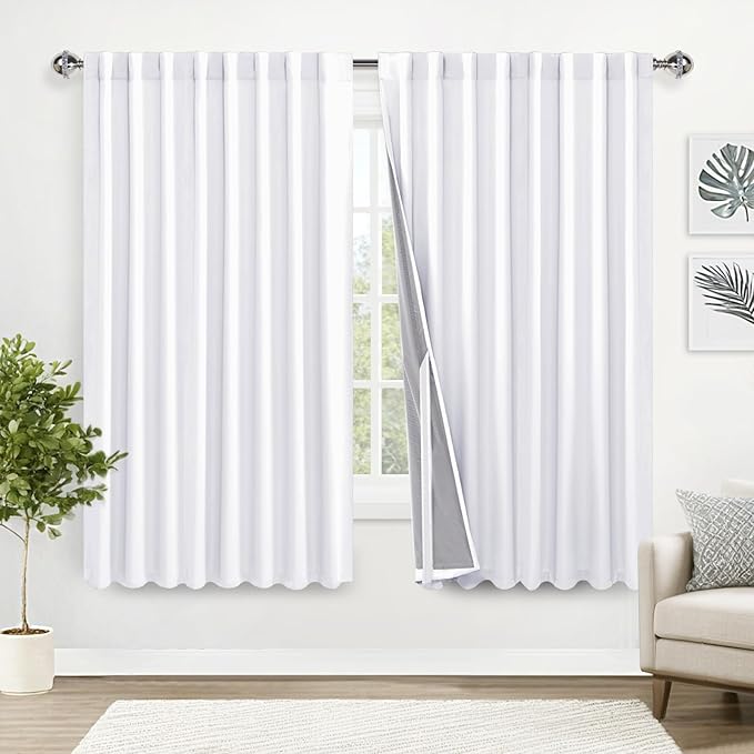 XWZO Full Blackout Curtain with Tiebacks- Rod Pocket & Back Tab Thermal Insulated Black Liner Curtains, Noise Reducing and Heat Blocking Drapes for Large Windows, White, W70 x L63, Set of 2