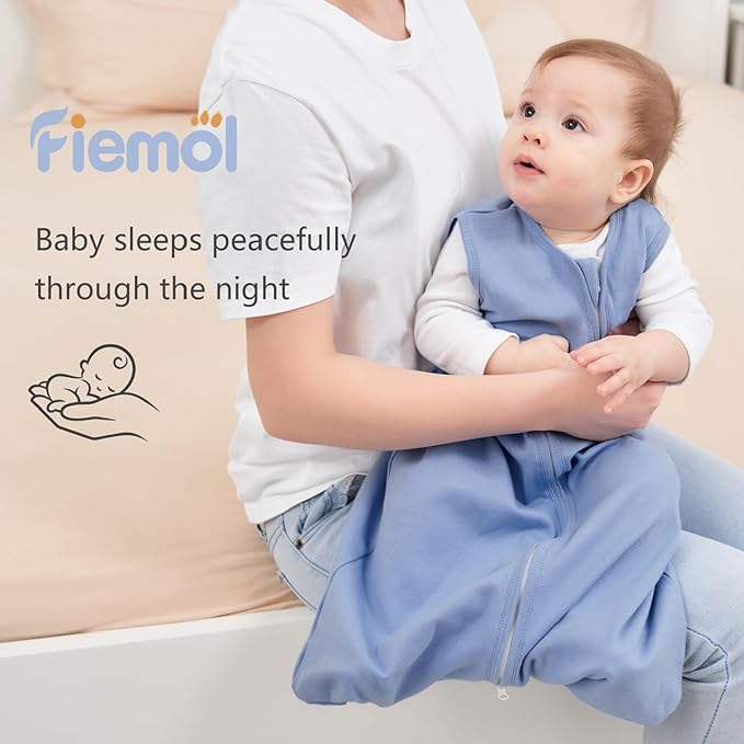 FIEMOL Baby Sleep Sack 0-6 Months, 100% Cotton Sleeping Sack for Newborn and Infant, 3 Pack Baby Wearable Blanket, 0.5 Tog Lightweight Double Zipper Sleep Bag Cyan