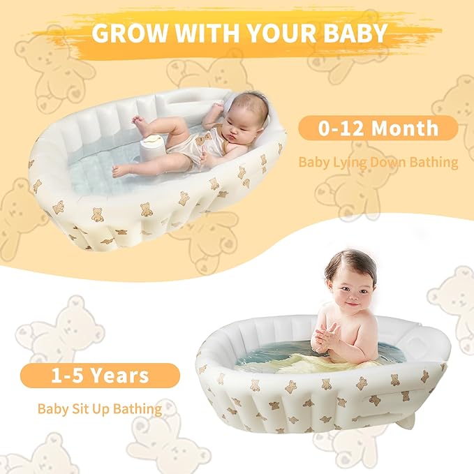Inflatable Baby Bathtub with Built in Pump, Collapsible Safe Baby Bathtub for Newborns and Baby, Non-Slip Travel Mini Swimming Pool for Babies 0-5 Years Old - Bear