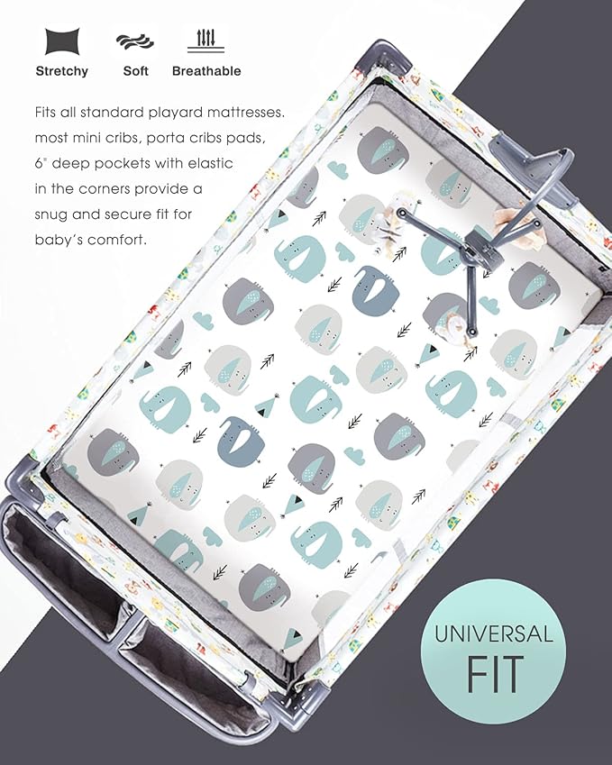 GRSSDER Stretchy Ultra Soft Jersey Knit Fitted Pack n Play Sheets Set 2 Pack, Portable/Mini Cribs Playards Sheets with Deep Pocket, Cute Elephant for Girls and Boys