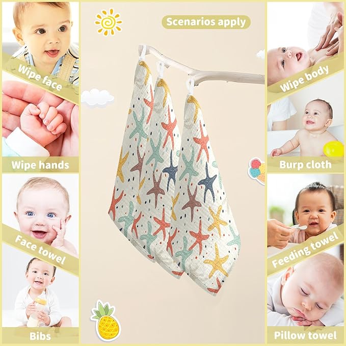 vvfelixl Baby Muslin Washcloths Colorful Starfish Baby Burp Cloths Cotton Babys Face Towel for Newborn Infants Boys Girls Soft and Absorbent 11.8 X 11.8 in, 3 Pack