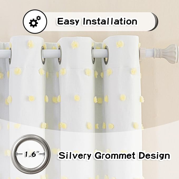 MYSKY HOME 100% Blackout Curtains for Girls Kids Bedroom Thermal Insulated 84 Inch Length Nursery Curtains 2 Panels Grommet Light Filtering Yellow Pom Pom Sheer Drapes for Dining Room, 52W x 84L