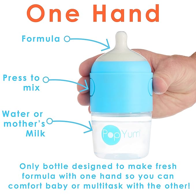 PopYum 5 oz Blue Anti-Colic Formula Making/Mixing/Dispenser Baby Bottles, 3-Pack with #1 Slow Flow Nipples, 150 ml, BPA-Free, Natural Latch