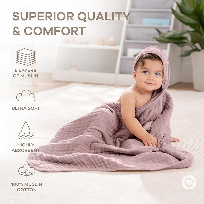 Comfy Cubs Hooded Baby Towel 1-Pack, Large 32 x 32 Inch - 6 Layer 100% Muslin Cotton for Babies, Toddlers and Kids - Soft & Absorbent Baby Bath Towels - Unisex Design for Bath Time - Mauve