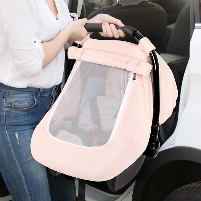 Hooyax Muslin Car Seat Cover Baby - Breathable and Privacy Car Seat Canopy with 3 Modes - Easy Install & Gift Box Packaging, Universal Fit for Infant Car Seats, Pink