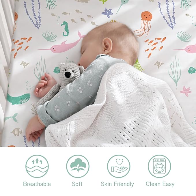 Little Grape Land Crib Sheets 2 Pack, Microfiber Fitted Crib Sheet for Standard Crib Mattress 52"x28"x8", Soft and Neutral Baby Crib Sheets for Boys and Girls, Breathable & Easy Care, Pastel Ocean