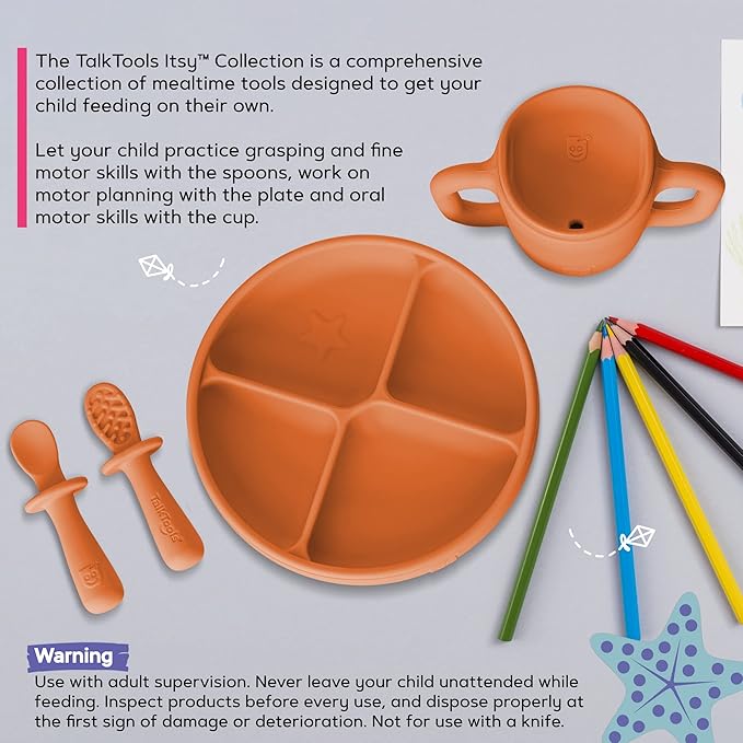 TalkTools ITSY Silicone Baby Plates Set with Suction – Feeding Essentials for Toddlers 6–12 Months+ | BLW Mealtime Set with Twin Spoon, Spill-Proof Sippy Cup | Self-Feeding Utensils (Tangerine)