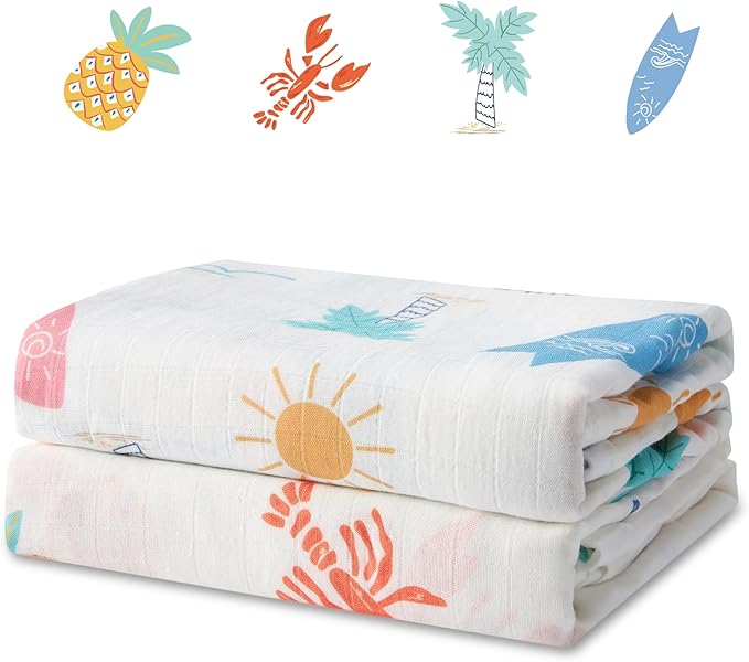 Muslin Swaddle Blankets for Newborn, 2-Pack Breathable Receiving Baby Blanket, Large 47 x 47 Inches Swaddling Wrap for Boys and Girls (Beach Fun)