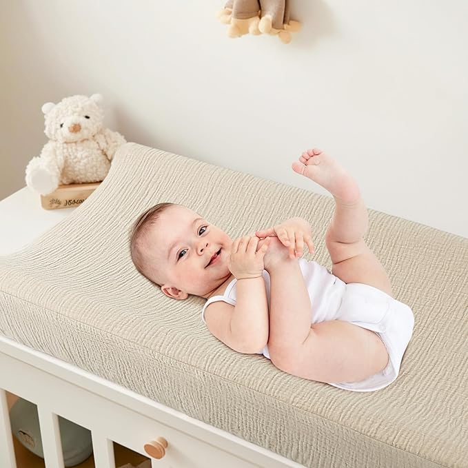 Bearmoss Changing Pad Cover, 2 Pack Muslin [100% Cotton] Diaper Changing Table Covers, 32'' x 16'' Soft Breathable Changing Pad Sheets for Unisex Baby Girls and Boys with Strap Holes (Peanut)
