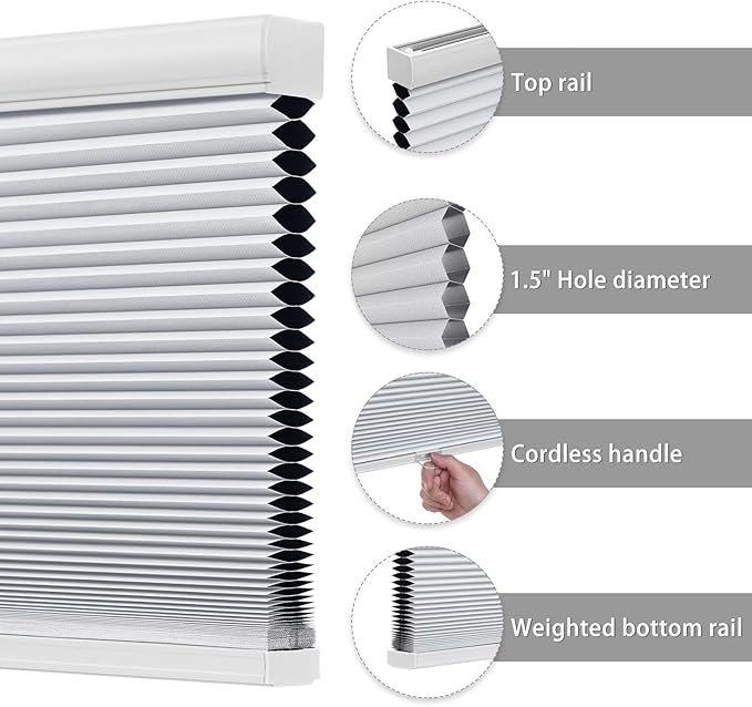 Changshade Cordless Blackout Cellular Shades for Indoor Windows Doors, Black Out Room Darkening HoneyComb Blinds Thermal Insulated 1.5 Inch Cell for Home, Bedroom, Bathroom, Nursey, 48"W×64"H, White