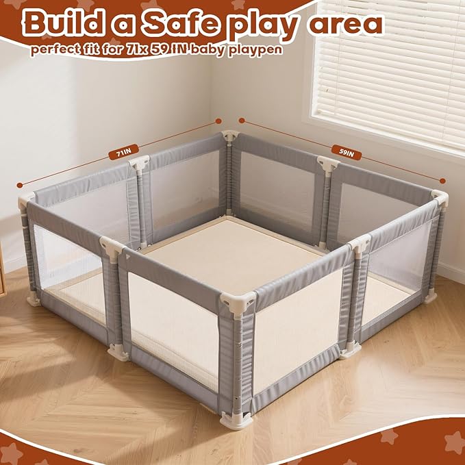 Baby Play Mat for Floor,1.3" Thick Elasti-Foam Playpen Mat for Tummy Time, Easy Care with Non-Slip Cushioned for Infant,Kids and Toddler Crawling