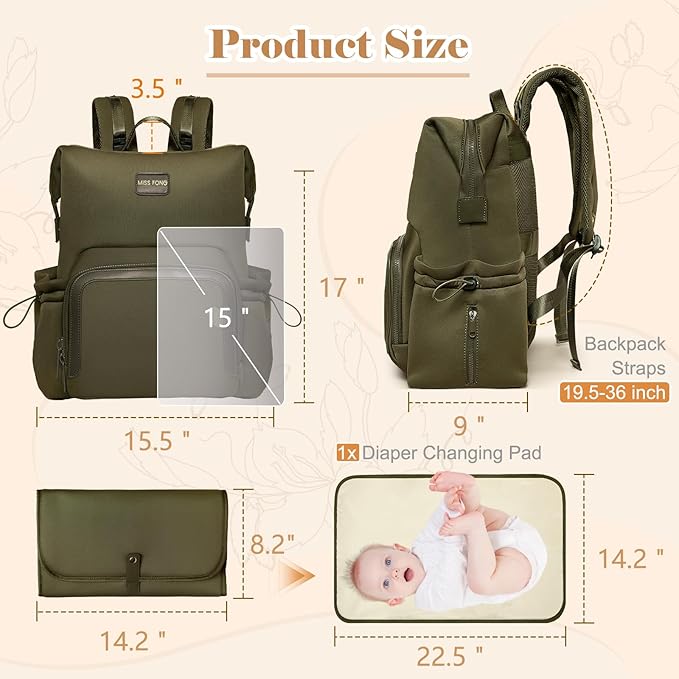 miss fong Diaper Bag Backpack - Baby Diaper Bag Neoprene Bag Large Capacity Neoprene Backpack with Diaper Changing Pad with 12 Pockets Pañaleras Para Bebe Baby Bag for Mom & Dad -Green