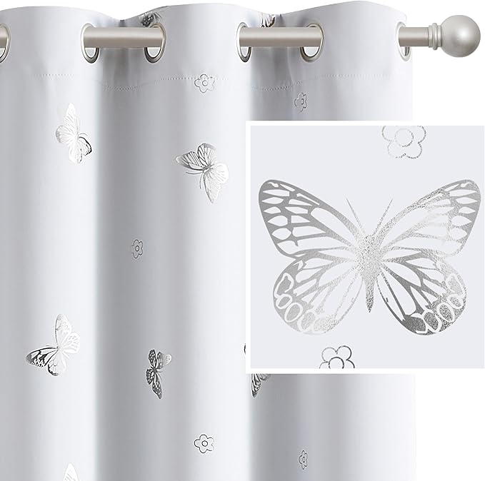 Jubilantex White Silver Butterfly Blackout Curtains Metallic 63" Long for Bedroom Nursery Thermal Insulated Window Curtains Grommet 52" Wide,2 Panels