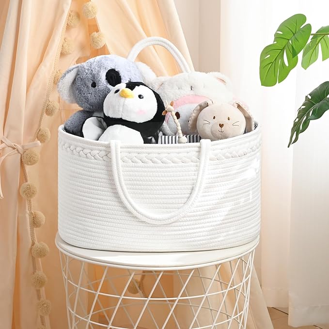 19L Baby Diaper Caddy Organizer, 16.8"x9.8"x9" Cotton Rope Diaper Basket, Changing Table Storage Caddy With Removable Divider, Baby Basket for Nursery, Car, Diapers, Baby Shower Gifts for Newborn