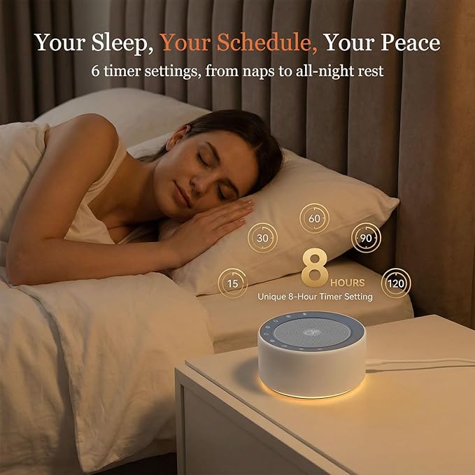 Kipcush White Noise Machine with Night Light – Nursery Sound Machine with Soft Non-Glare Lamp, 30 Soothing Sounds, 8 Color Lights, Up to 8-Hour Timer for Baby & Adults