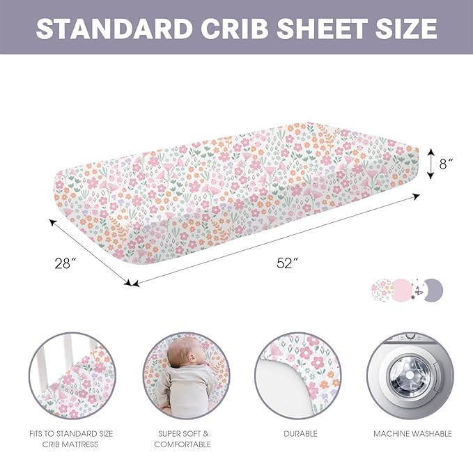 Little Grape Land Crib Sheets 4 Pack, Microfiber Fitted Crib Sheet for Standard Crib Mattress 52"x28"x8", Soft and Neutral Baby Crib Sheets for Boys and Girls, Breathable & Easy Care, Pastel Meadow