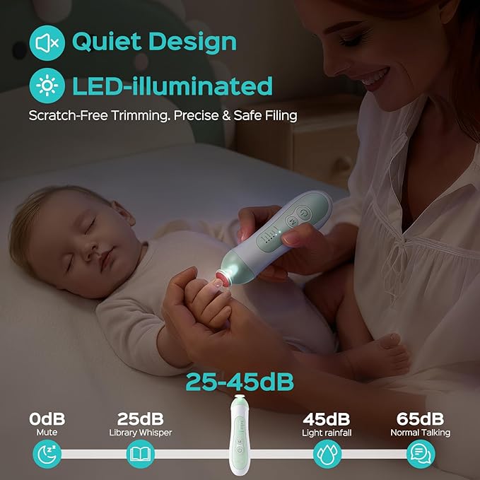 COSLUS Rechargeable Baby Nail File: Cordless Baby Nail Trimmer Electric with 5 Speeds & 6 Grinding Heads for Baby Kid, CPC Certified and Quiet Design - Safe for Sleep Trim Buffer, C52, Green