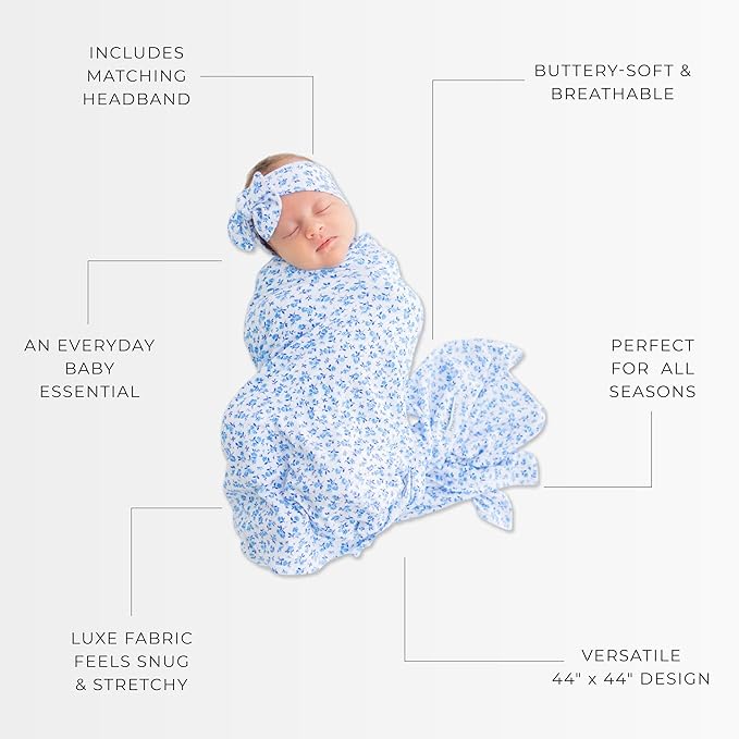 Posh Peanut Swaddle Blanket & Headband Set – Viscose from Bamboo Stretchy Baby Swaddle for Newborn Girls, Receiving Blanket or Nursing Cover